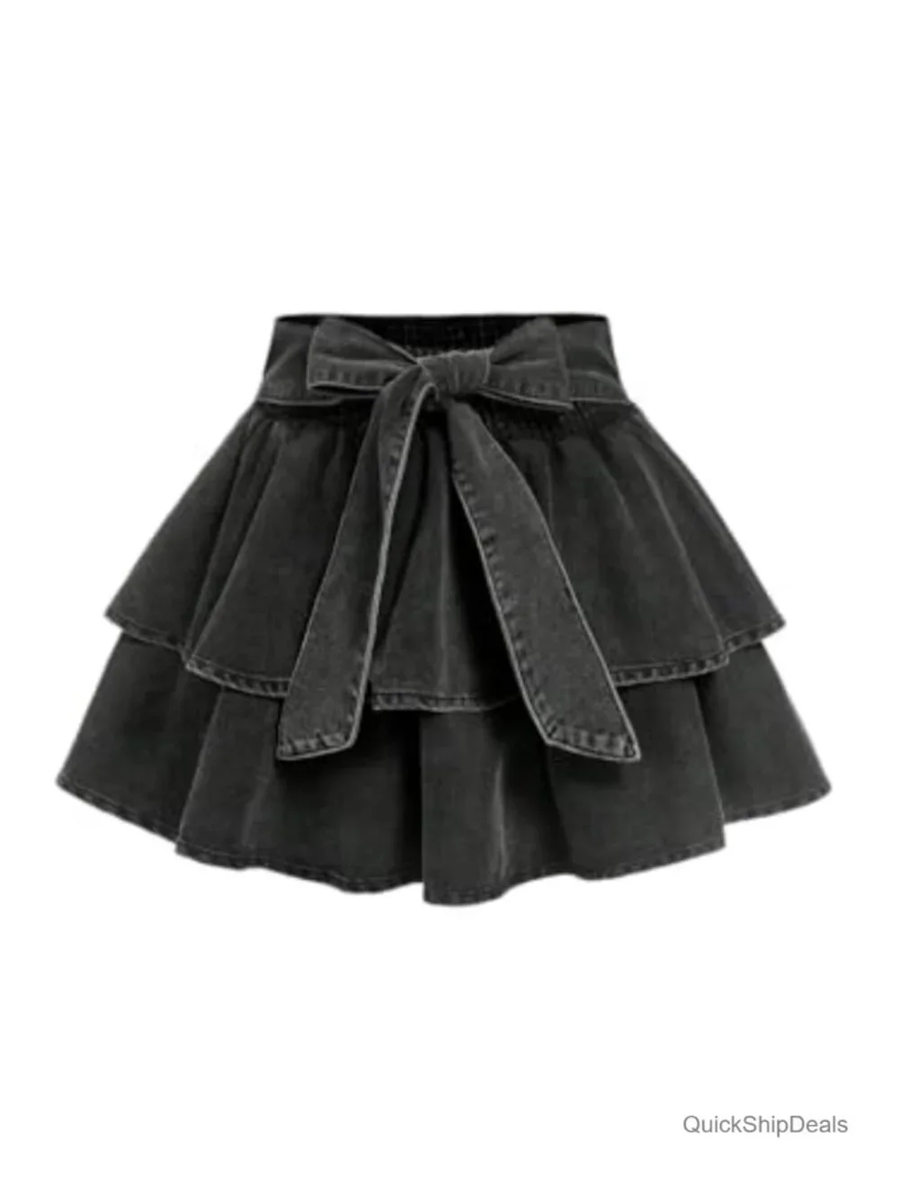 Plus Size Denim Skirt with Bow and Ruffle Hem, Mini A-Line